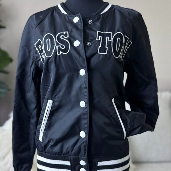 Womens Black & White Boston Varsity Letterman Divided H&M Satin Jacket 4 Small - Picture 1 of 5